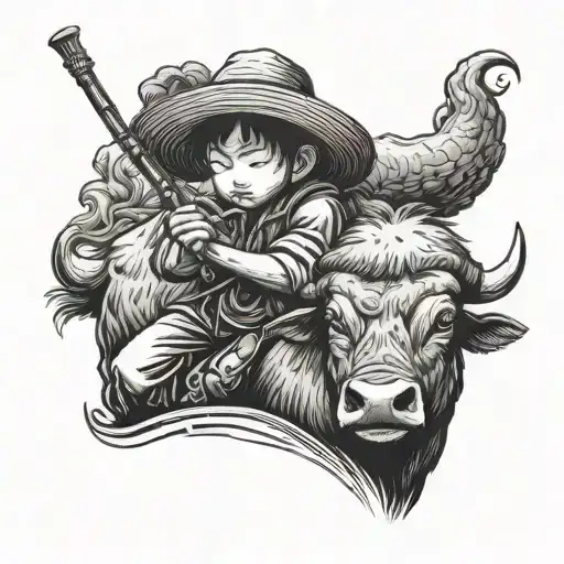 straw hat kid farmer sitting on water buffalo playing the flute tattoo design idea