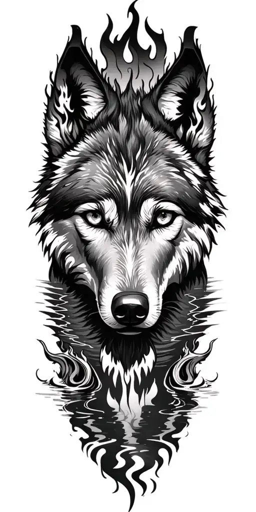wolf with fire flames in eyes tattoo design featuring self reflection in lake  tattoo design idea