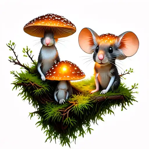 mouse mushrooms pine tree moss and glowing kodamas tree spirits tattoo design idea