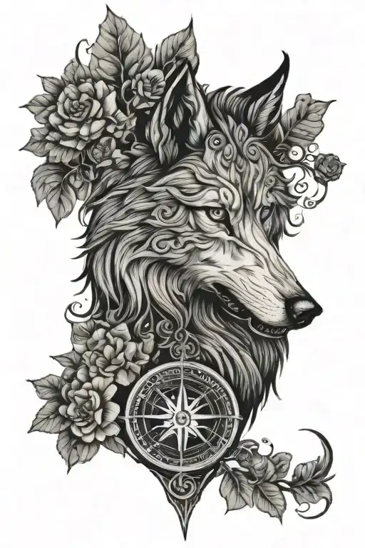 fenrir facing front on, Nordic compass, trees, flowers tattoo design idea