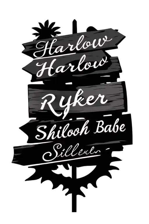 destination sign design tattoo that has my childrens name in it Harlow, Ryker, Shiloh, Babe tattoo design idea