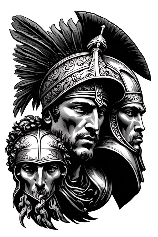 Roman soldier holding a head surrounded tattoo design idea