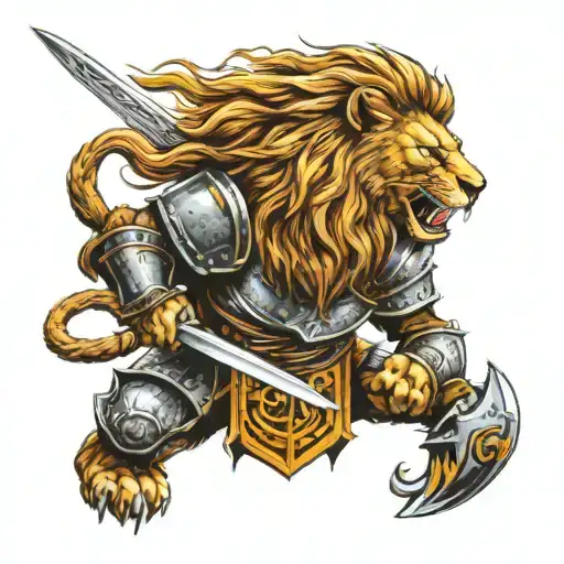 A fierce lion in battle armor, wielding a sword and shield tattoo design idea