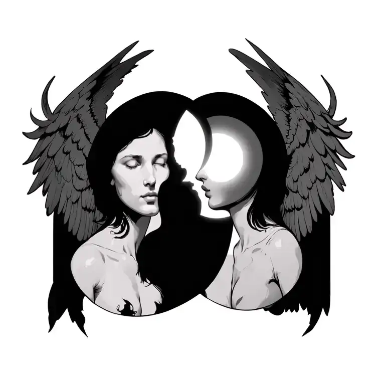 light angel pushing moon (dark) and dark angel pushing sun (light) neck tatto tattoo design idea
