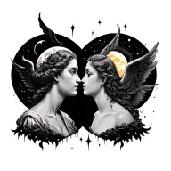 light angel pushing moon (dark) and dark angel pushing sun (light) neck tatto tattoo design idea