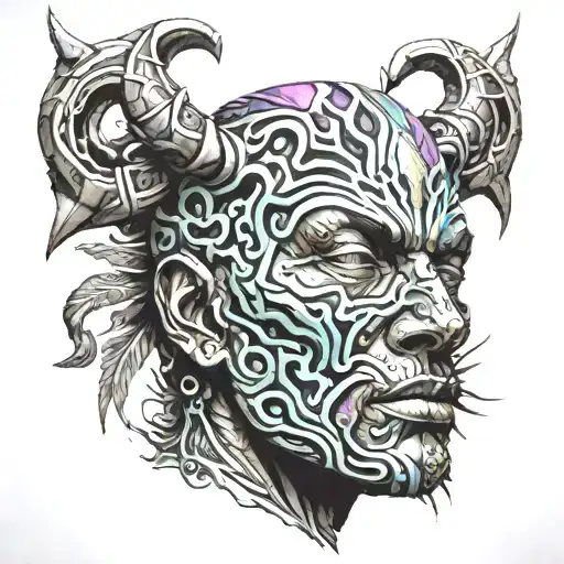 psychadelic warrior head with a crack in it sunlight bursting from the crack tattoo design idea