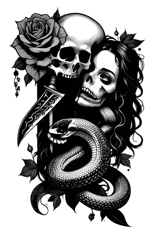 skull with snake and roses with a crying woman holding a knife tattoo design idea