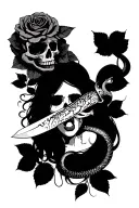 skull with snake and roses with a crying woman holding a knife tattoo design idea