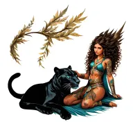 female warrior with long brown curly hair, brown skin and blue eyes petting a black panther like it is her spirit guide tattoo design idea