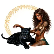 female warrior with long brown curly hair, brown skin and blue eyes petting a black panther like it is her spirit guide tattoo design idea