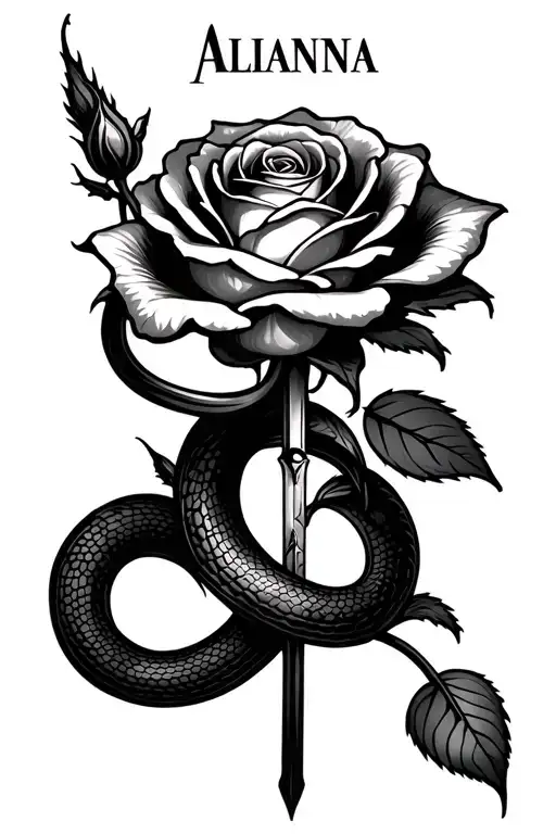 Make a rose with a blade going down through the rose and the name Alianna circling around the rose like a snake tattoo design idea