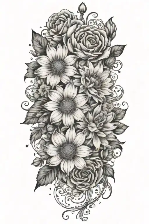 An intricate tattoo of a boquet of roses, daisys, and cosmos flowers tattoo design idea