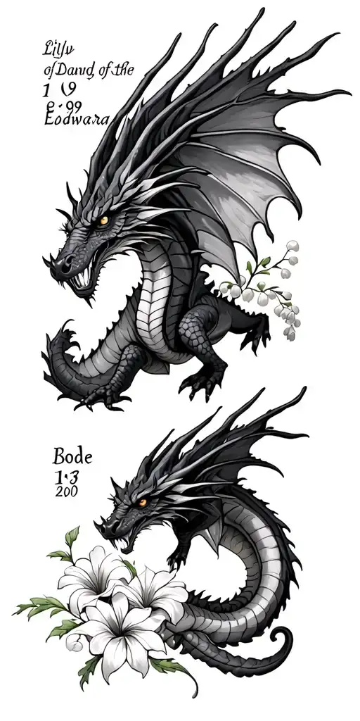 fierce (game of thrones) dragon flying, lily of the valley flower, Bode Edward, dates 1/9/09 & 6/13/20 in Roman numera tattoo design idea