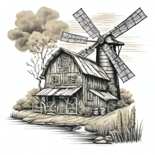 Country scene with barn, windmill, woods, creek, wheat, and corn fields  tattoo design idea