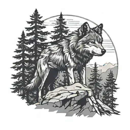silhouette of a wolf on a cliff in the forest tattoo design idea