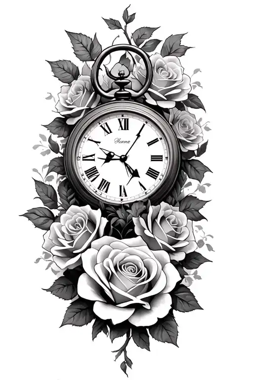 clocks and roses intertwined tattoo design idea