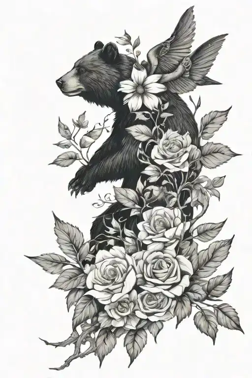 a vine wrapped round the arm with flowers and swallow tail birds and a bear and forest animals tattoo design idea