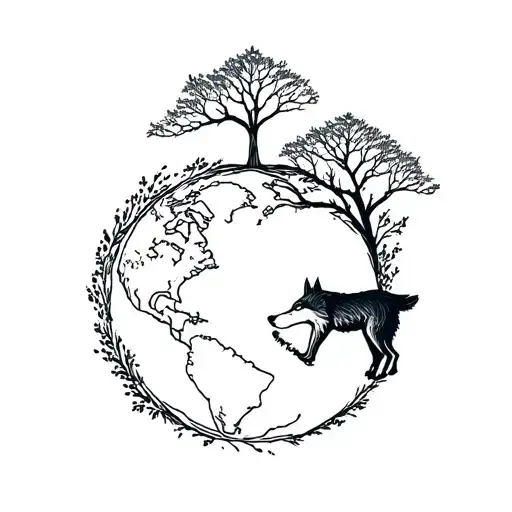 earth with ash tree and wolf surrounded tattoo design idea