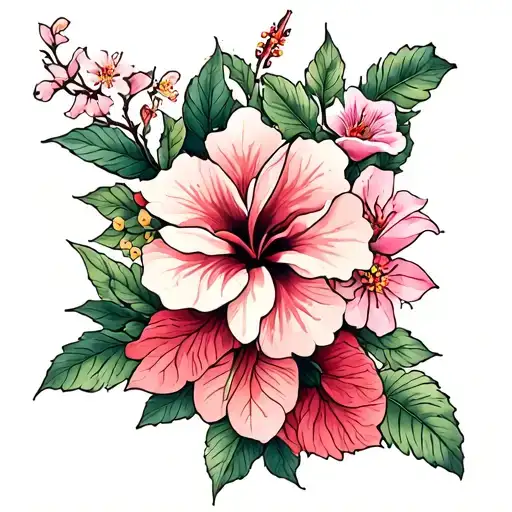 forearm cherry blossom, hibiscus, acacia flower, geranium, azalea flower, cyclamen, poinsettia and stock tattoo design idea