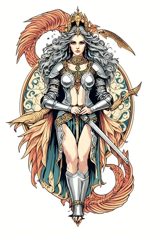 Pisces gothic medieval knight goddess  tattoo design idea