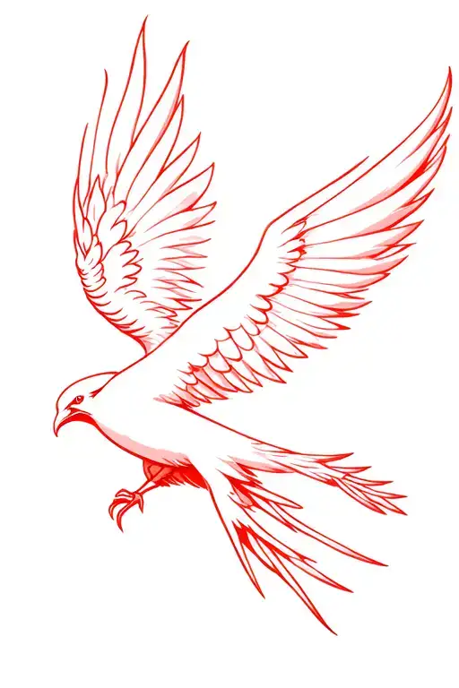 phoenix flying, make it color red, and fine line style tattoo design idea