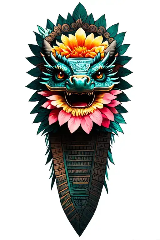 Mayan pyramid, Mexican flower, Aztec dragon tattoo design idea