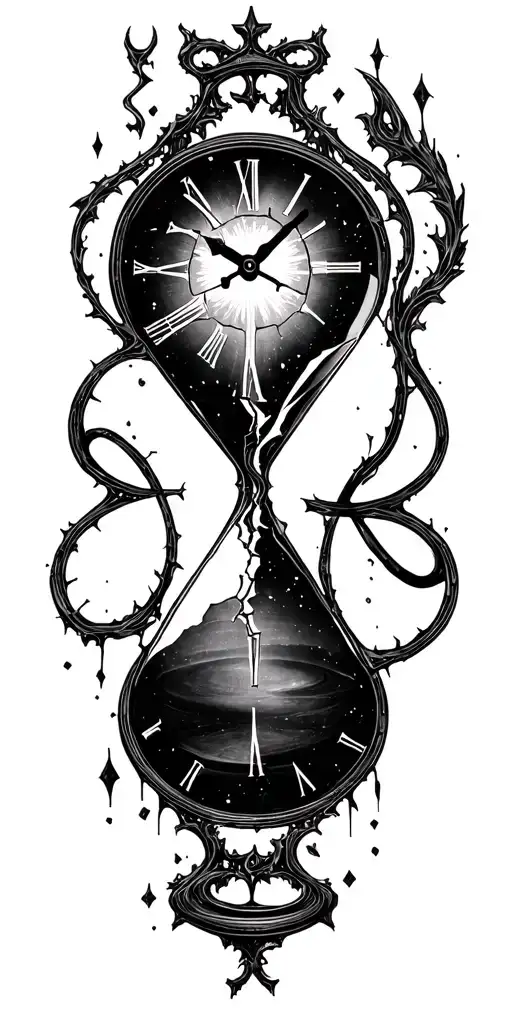 broken clock face hour glass cross infinity five kids tattoo design idea