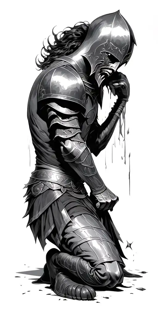 knight on his knees all alone feeling in despair and broken tattoo design idea