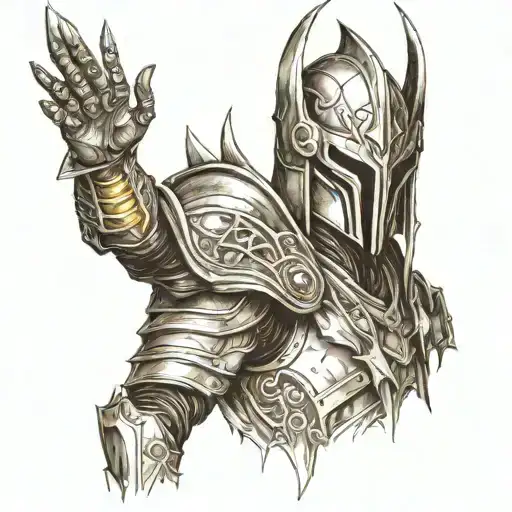 Create a full arm black tattoo, starting with Sauron on the shoulder with his helmet and menacing eye. tattoo design idea