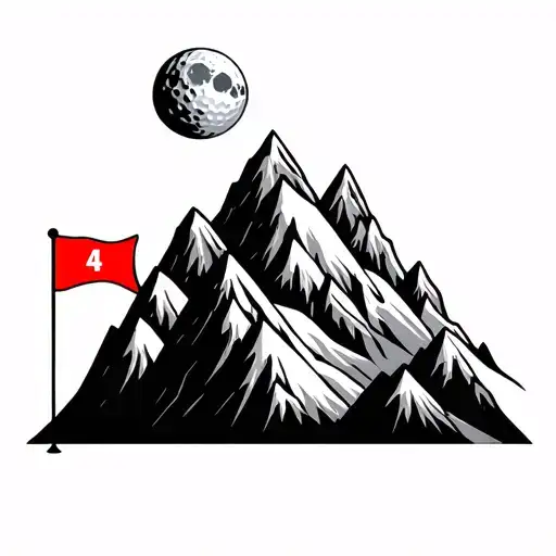 a geometrical mountain range tattoo with a moon, incorporate a golf flag that is red with the number four on it  tattoo design idea
