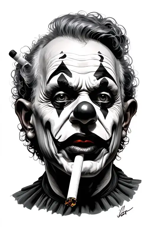Portrait of sad clown smoking cigarette tattoo design idea