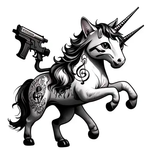 cat riding a unicorn while holding a tattoo gun and having a tattooed music symbol on the cat  tattoo design idea