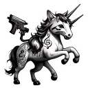 cat riding a unicorn while holding a tattoo gun and having a tattooed music symbol on the cat  tattoo design idea