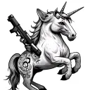 cat riding a unicorn while holding a tattoo gun and having a tattooed music symbol on the cat  tattoo design idea