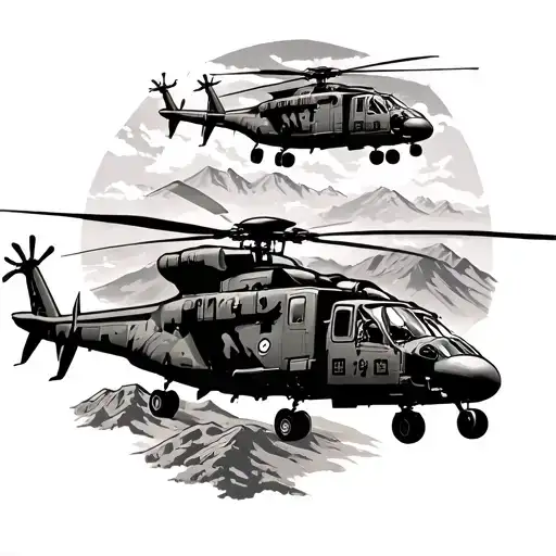 Army tattoo that has UH-60 and CH-47 with paratrooper in the mountains and deserts of Afghanistan and Iraq tattoo design idea