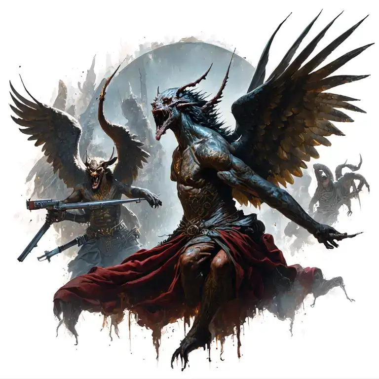 war scene of demons and angels realistic portraits  tattoo design idea