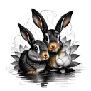 two rabbits and lotus line art tattoo design idea