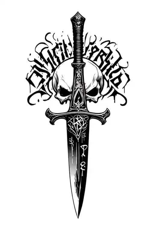 Sharp long dagger with runes shaded skull head text "afro" graffiti tattoo design idea