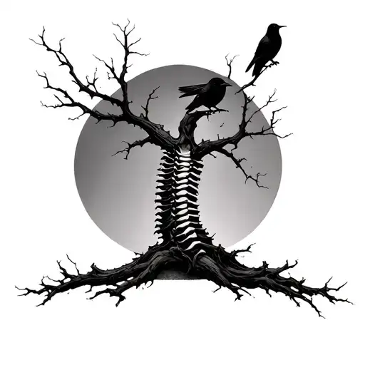 cyber spine tattoo featuring a dead tree with crows no background more crows smaller tattoo design idea