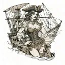 Sexy Pirate Girl, Tight torn revealing clothing, on a ship in the ocean. Seductive face, Giant Boobs, Wide Hips. tattoo design idea