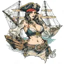 Sexy Pirate Girl, Tight torn revealing clothing, on a ship in the ocean. Seductive face, Giant Boobs, Wide Hips. tattoo design idea