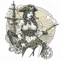Sexy Pirate Girl, Tight torn revealing clothing, on a ship in the ocean. Seductive face, Giant Boobs, Wide Hips. tattoo design idea