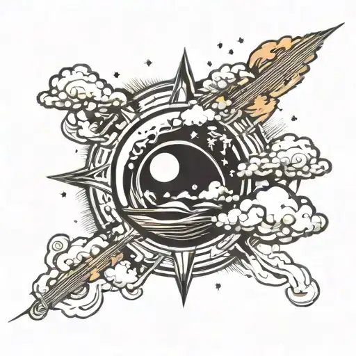 clouds surrounding planet with sun rays coming tattoo design idea
