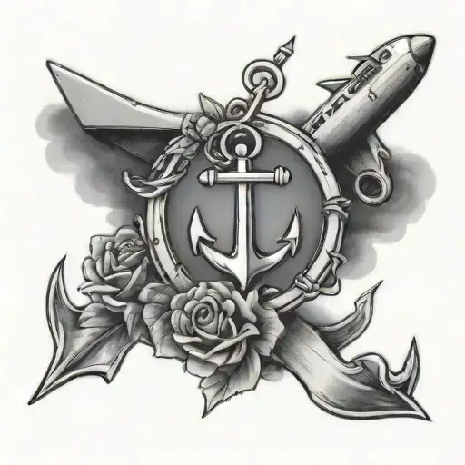 plane, anchor, rose, halo, black and white heart tattoo design idea