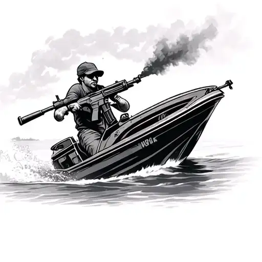 a guy shoot a ar15 off a speed boat tattoo design idea