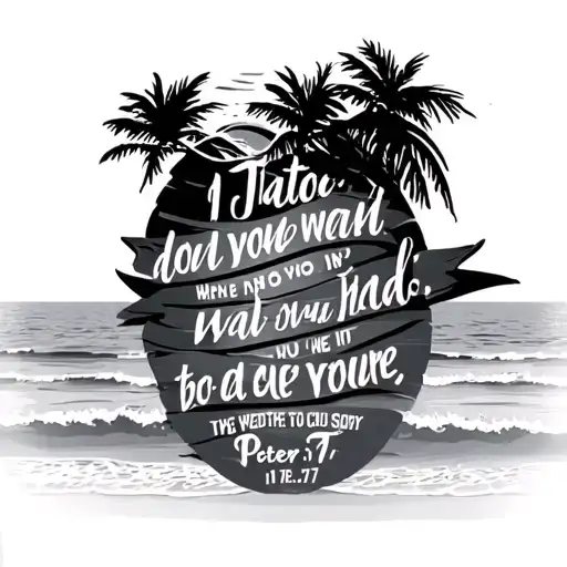 beach backround with 1 peter 5:7 bible verse intertwined tattoo design idea