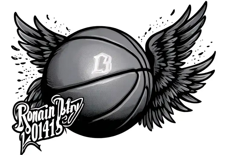 a basketball with Romain numeral birth date, a name in cursive and with wings  tattoo design idea