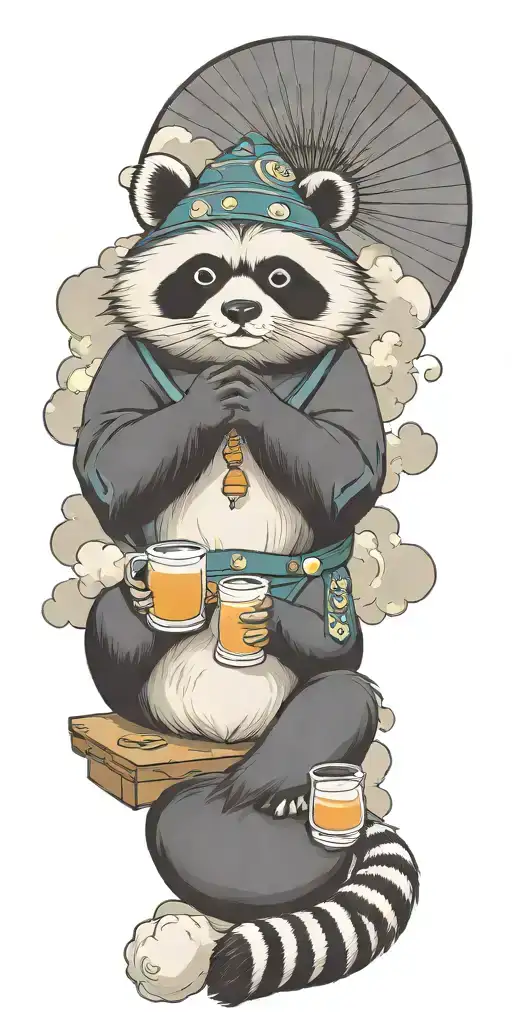 good fortune tanuki drinking soju sitting in the clouds wearing Asian conical hat  tattoo design idea