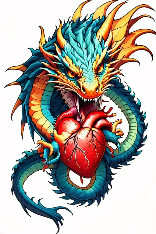 A dragon with very beautiful eyes that has killed someone and is eating their heart in a realistic way tattoo design idea