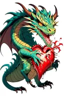 A dragon with very beautiful eyes that has killed someone and is eating their heart in a realistic way tattoo design idea